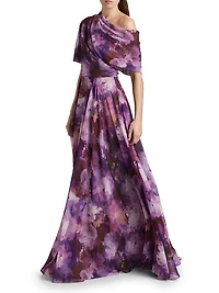 Floral-Print Chiffon Gown