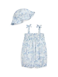 Baby Girl's Riviera-Print Cotton Bubble Romper & Bucket Hat Set