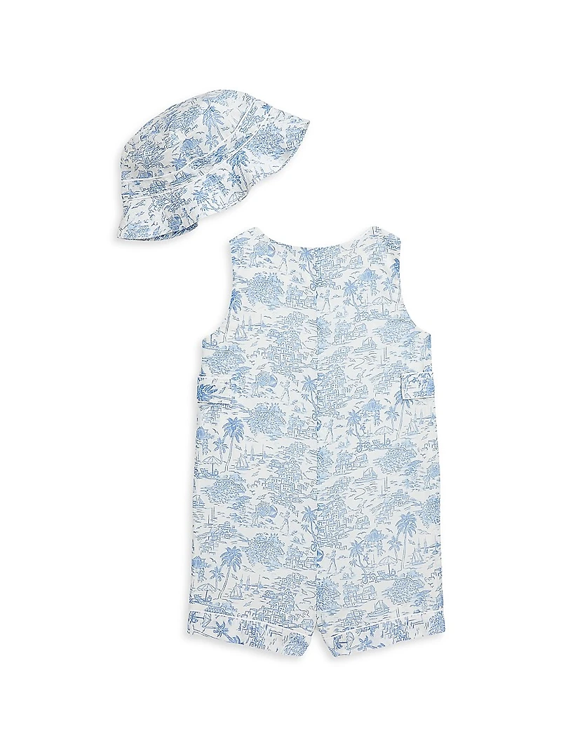 Baby Boy's Riviera-Print Cotton Shortall & Bucket Hat Set