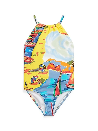 Little Girl's Seaside Print One-Piece Swimsuit