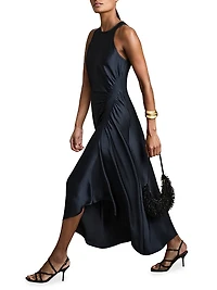 Anessa Gathered Satin Midi-Dress