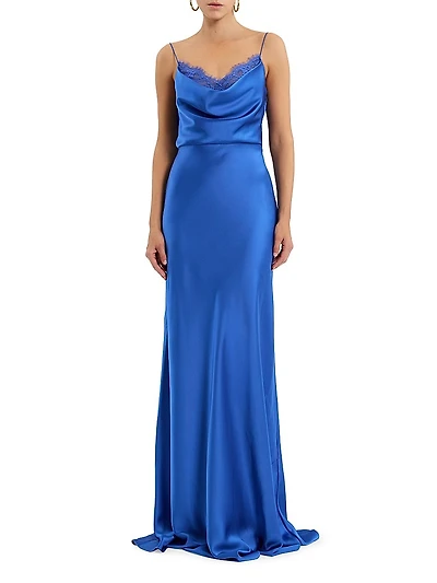 Remi Satin-Lace Cowlneck Gown