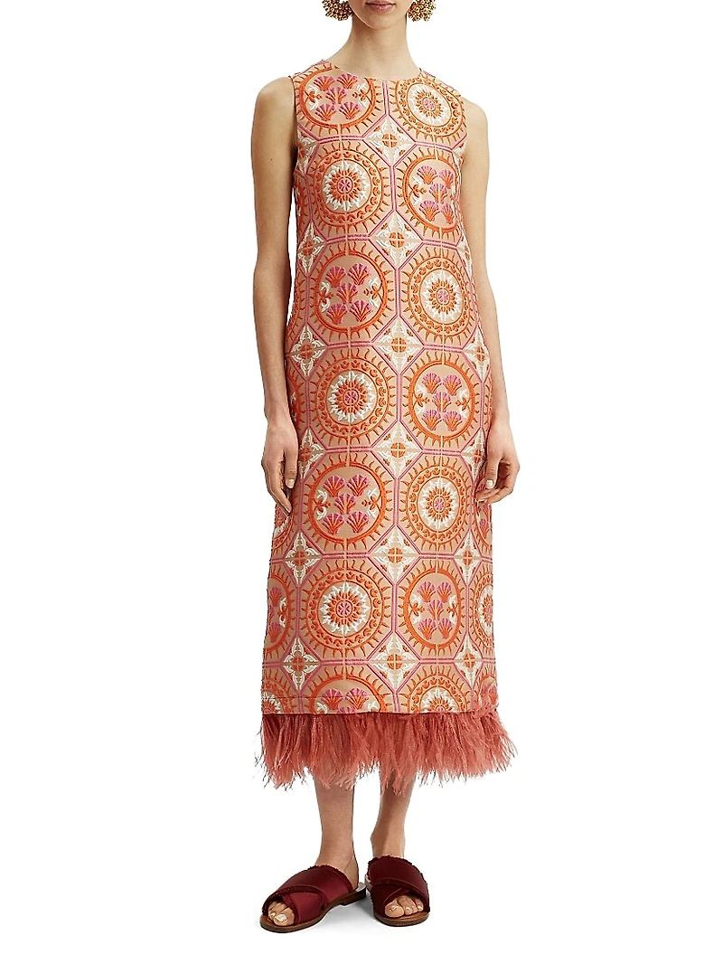 Column Dress with Feathers