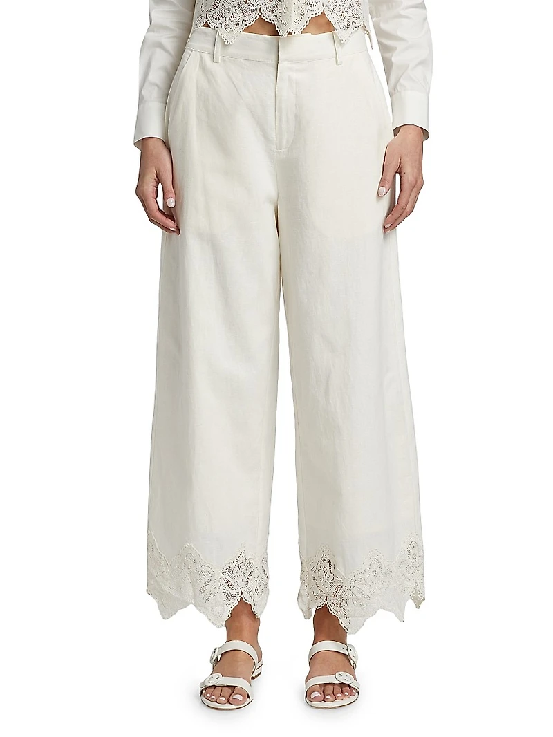Cassia Lace-Trim Linen-Cotton Crop Pants