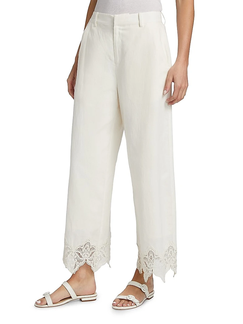 Cassia Lace-Trim Linen-Cotton Crop Pants