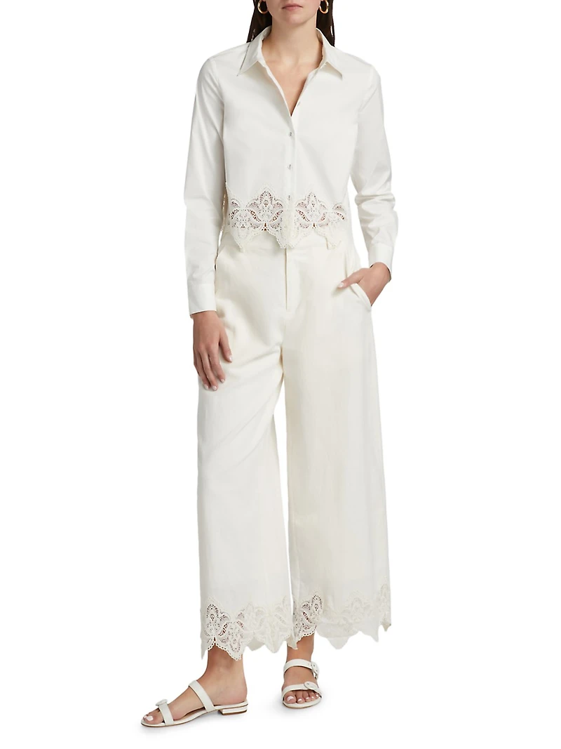 Cassia Lace-Trim Linen-Cotton Crop Pants