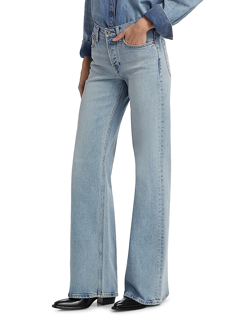 Washed Denim Mid-Rise Wide-Leg Jeans