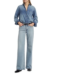Washed Denim Mid-Rise Wide-Leg Jeans