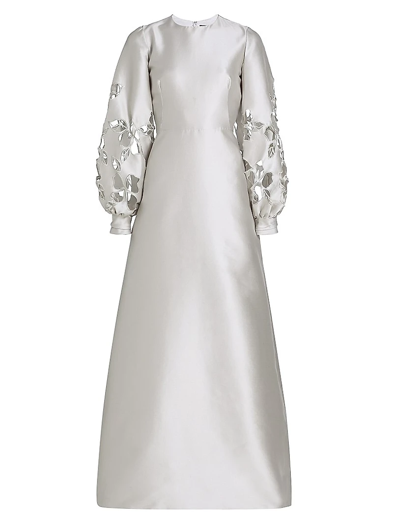Satin Floral Cut-Out Bishop Sleeves Gown