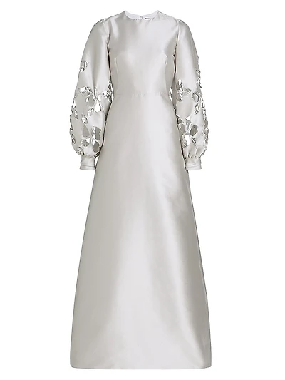 Satin Floral Cut-Out Bishop Sleeves Gown