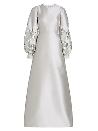 Satin Floral Cut-Out Bishop Sleeves Gown