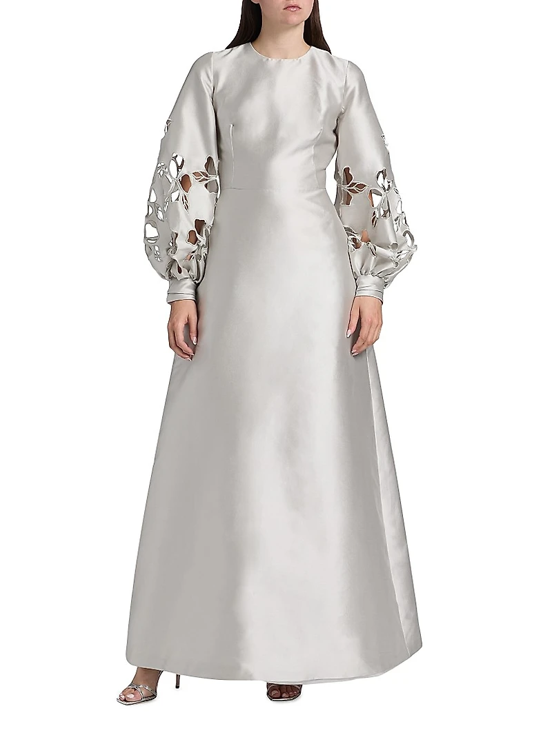 Satin Floral Cut-Out Bishop Sleeves Gown