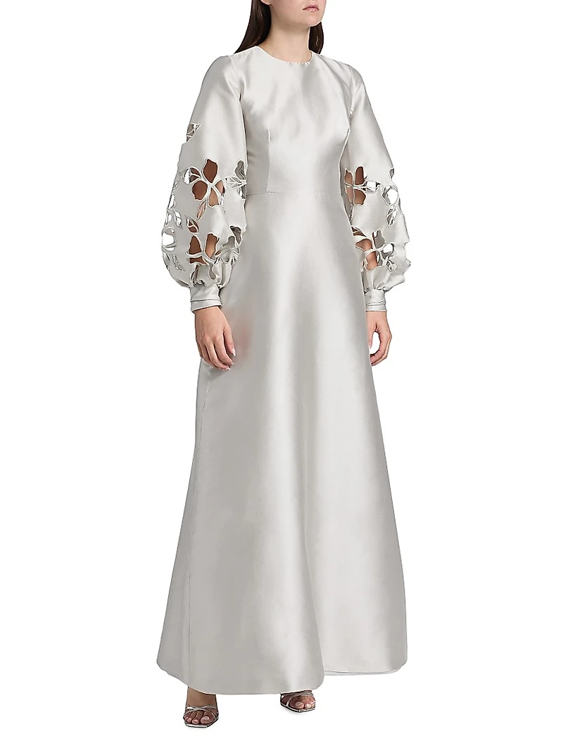 Satin Floral Cut-Out Bishop Sleeves Gown