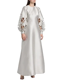 Satin Floral Cut-Out Bishop Sleeves Gown