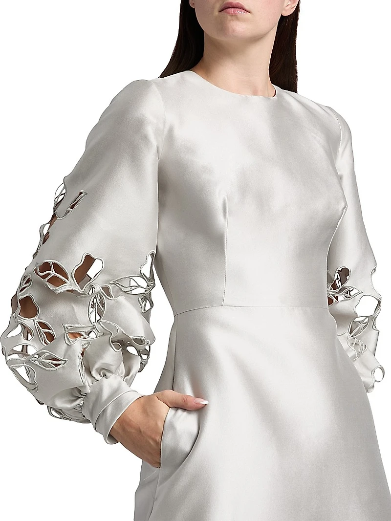 Satin Floral Cut-Out Bishop Sleeves Gown