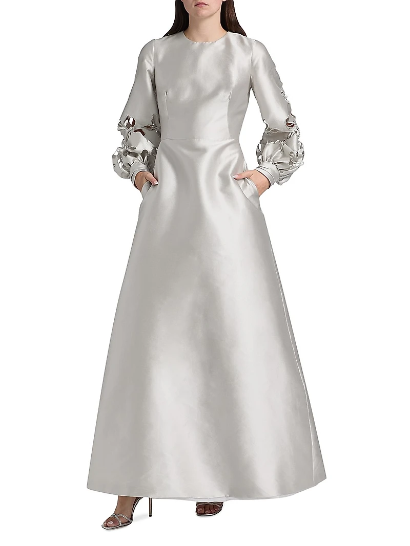 Satin Floral Cut-Out Bishop Sleeves Gown