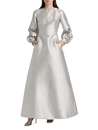 Satin Floral Cut-Out Bishop Sleeves Gown