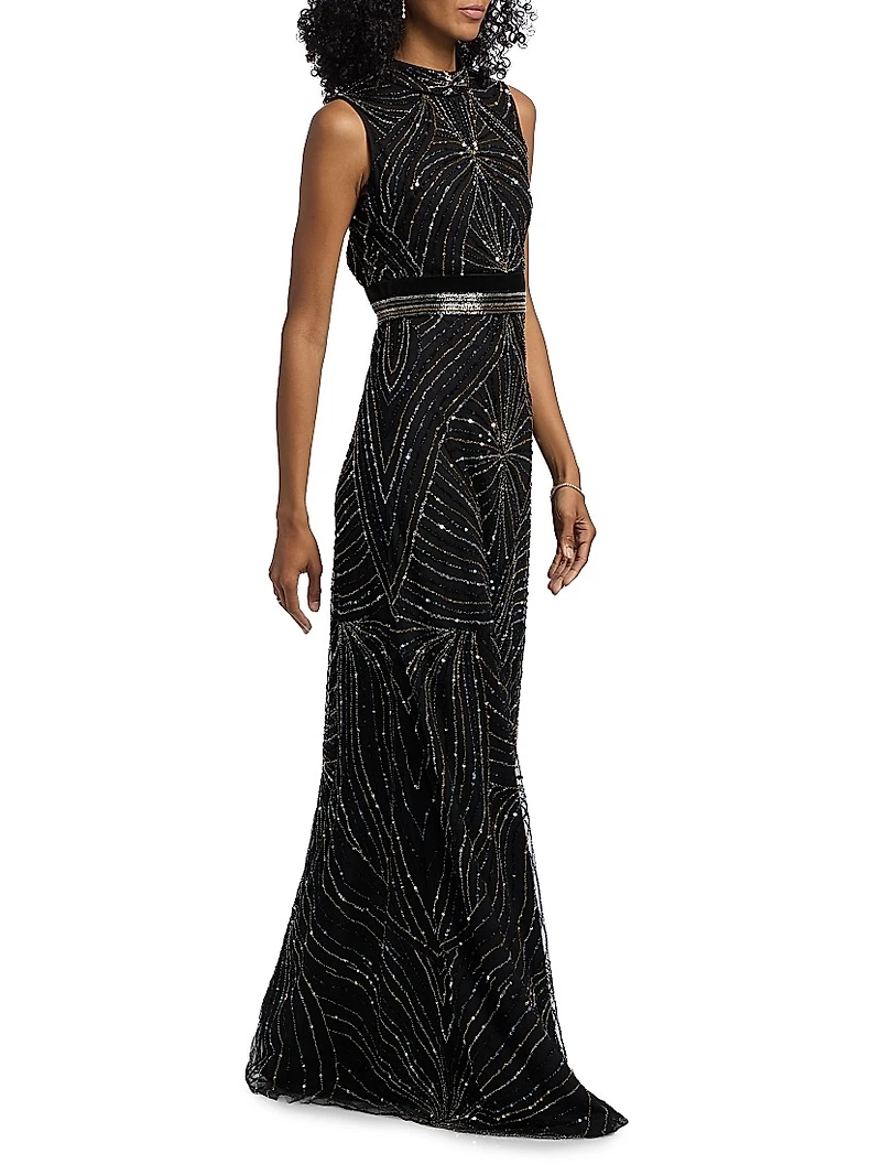 Sequined Velvet-Trimmed Gown