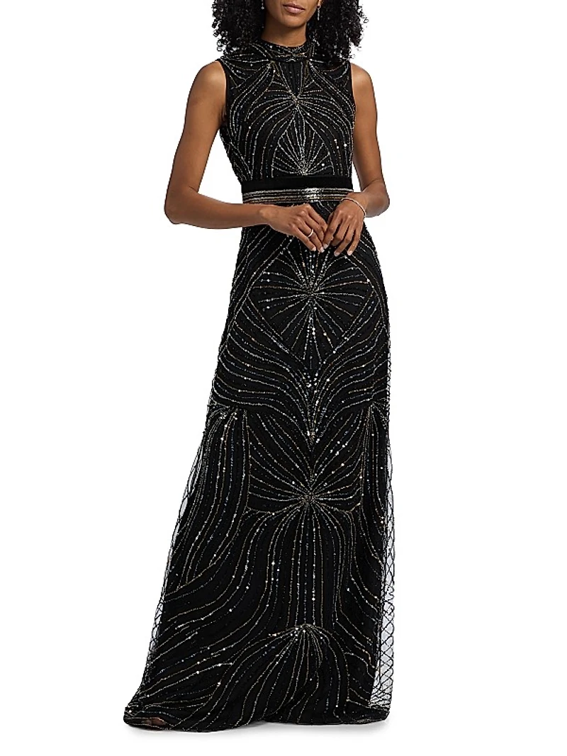 Sequined Velvet-Trimmed Gown