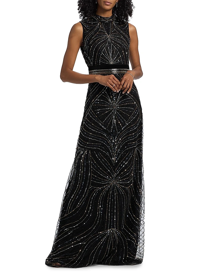 Sequined Velvet-Trimmed Gown