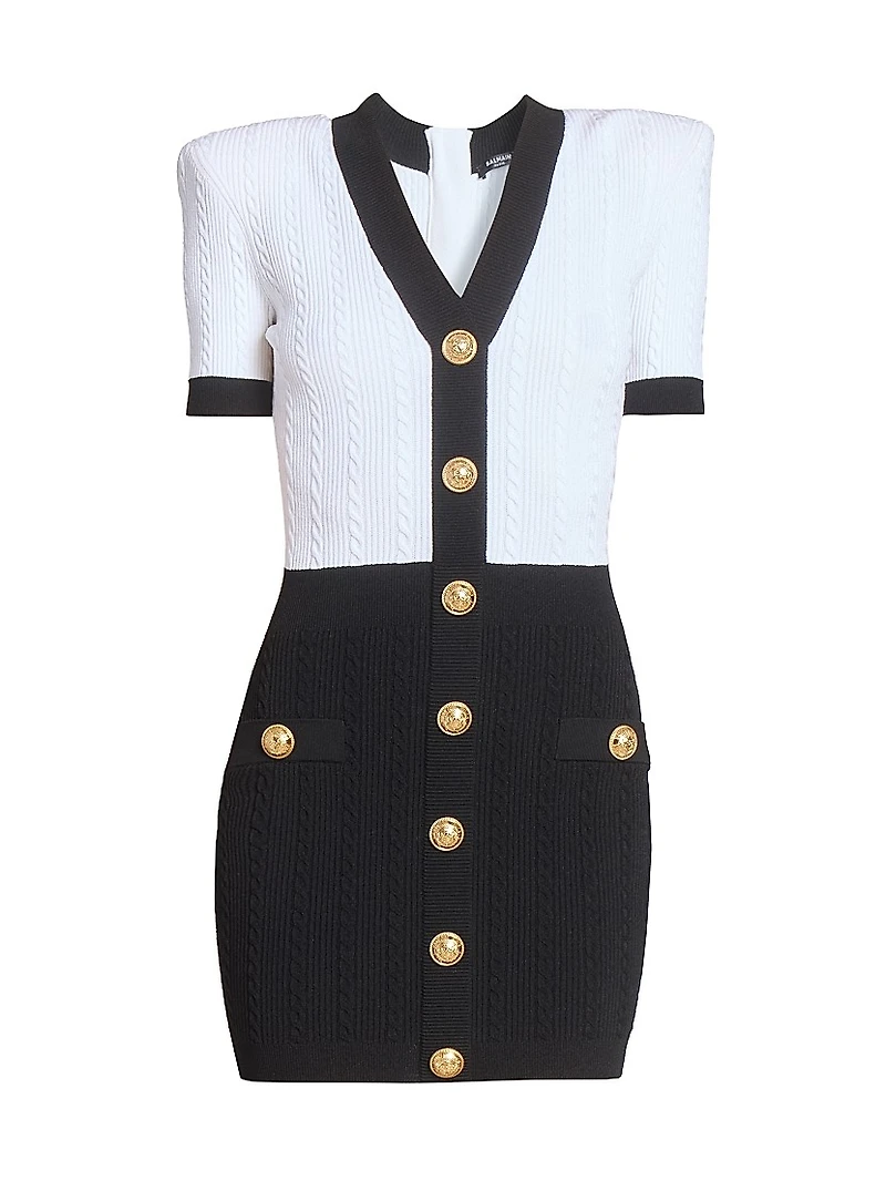 Two-Tone Torsade-Knit Short-Sleeve Minidress