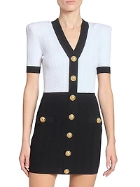 Two-Tone Torsade-Knit Short-Sleeve Minidress