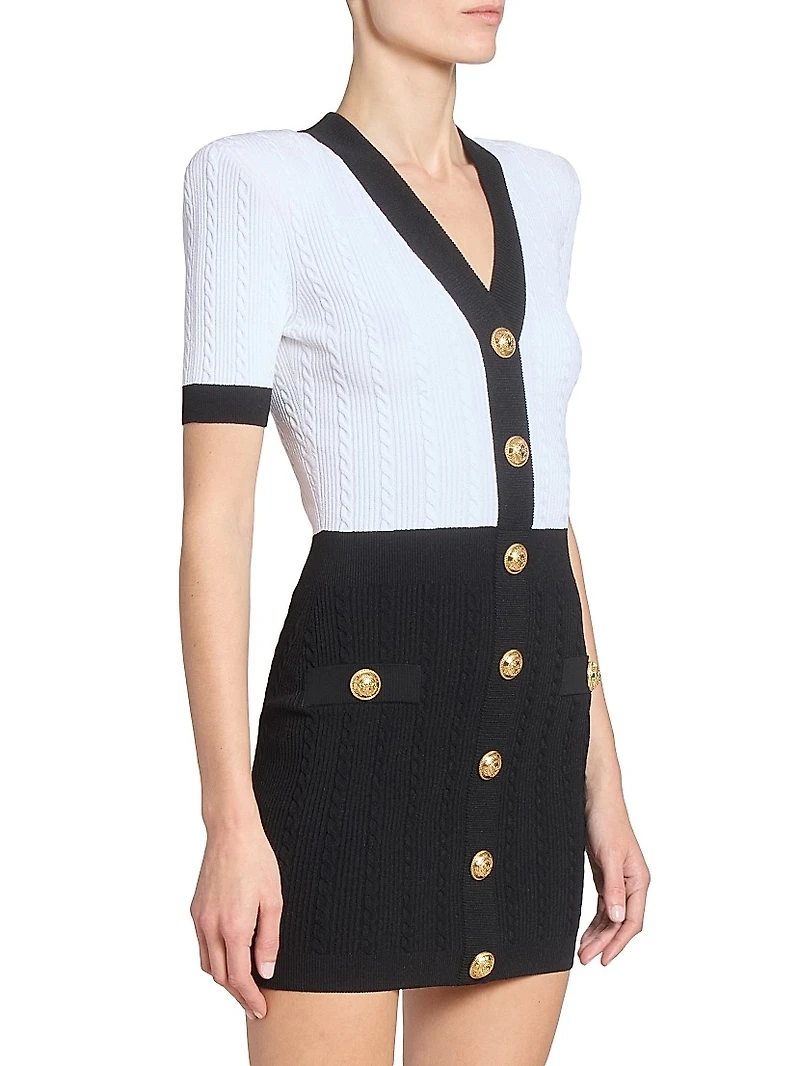 Two-Tone Torsade-Knit Short-Sleeve Minidress