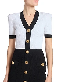 Two-Tone Torsade-Knit Short-Sleeve Minidress
