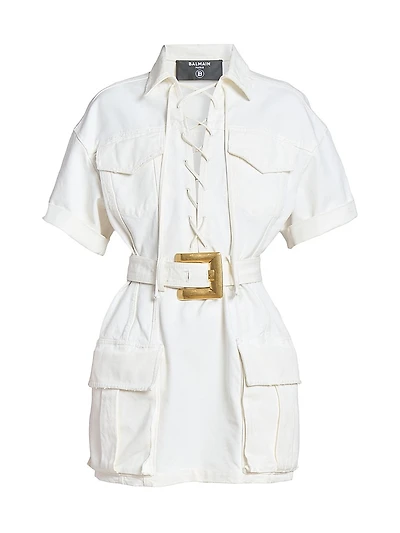 Belted Denim Short-Sleeve Minidress