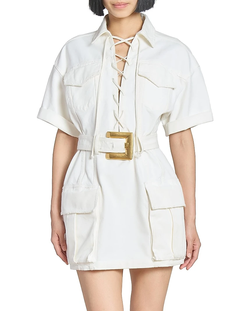 Belted Denim Short-Sleeve Minidress