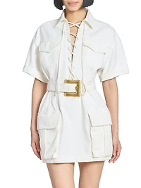 Belted Denim Short-Sleeve Minidress