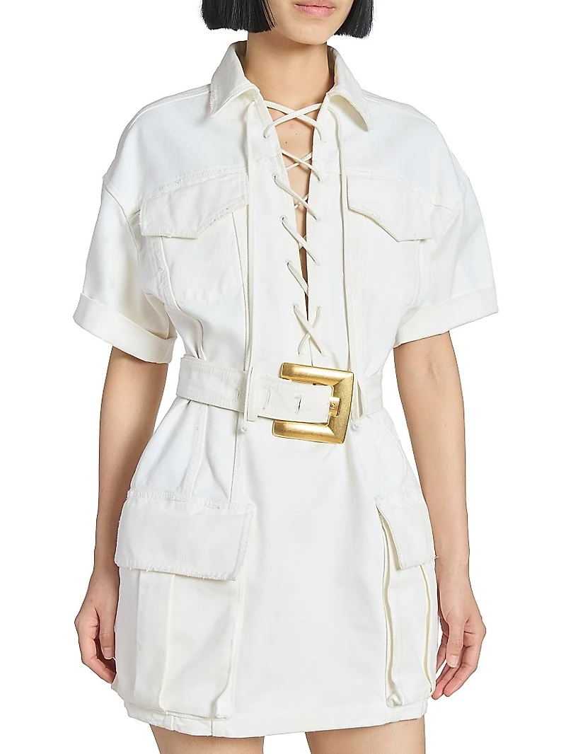 Belted Denim Short-Sleeve Minidress