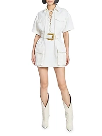 Belted Denim Short-Sleeve Minidress
