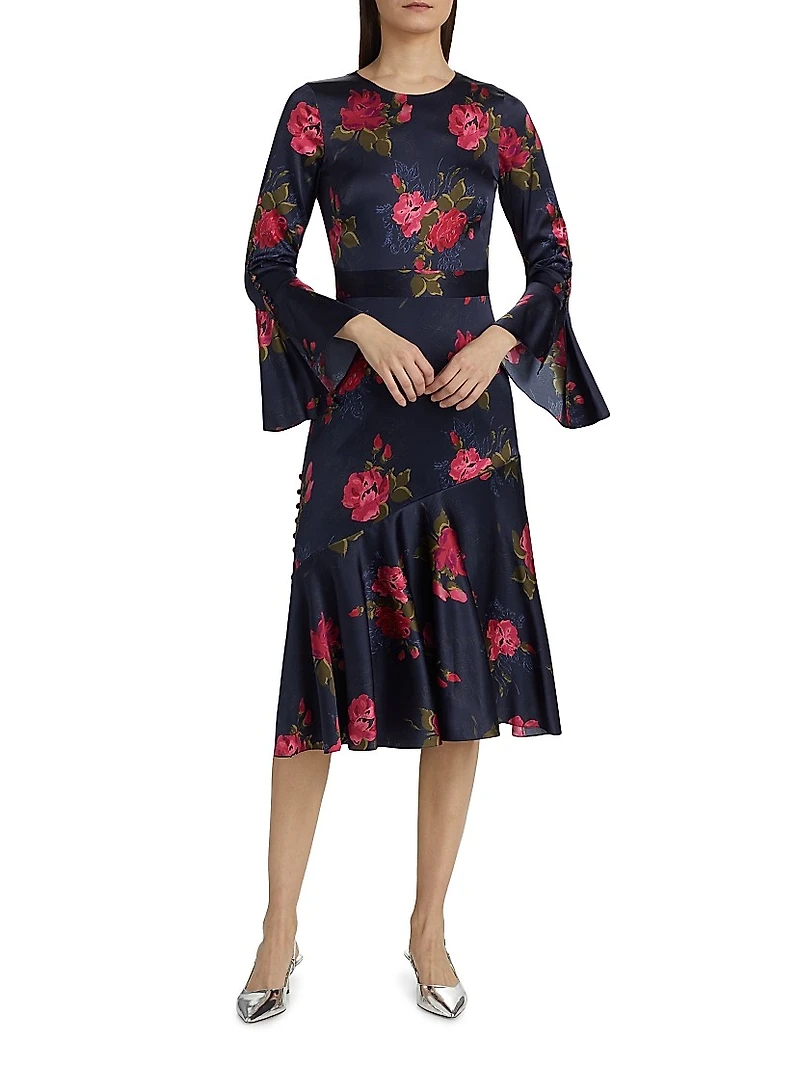 Rania Floral Stretch Silk Midi-Dress