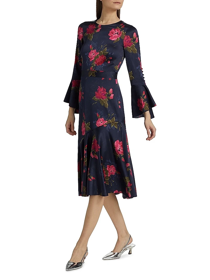 Rania Floral Stretch Silk Midi-Dress