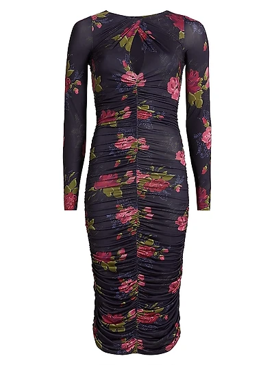 Floral Twist Neck Ruched Midi-Dress