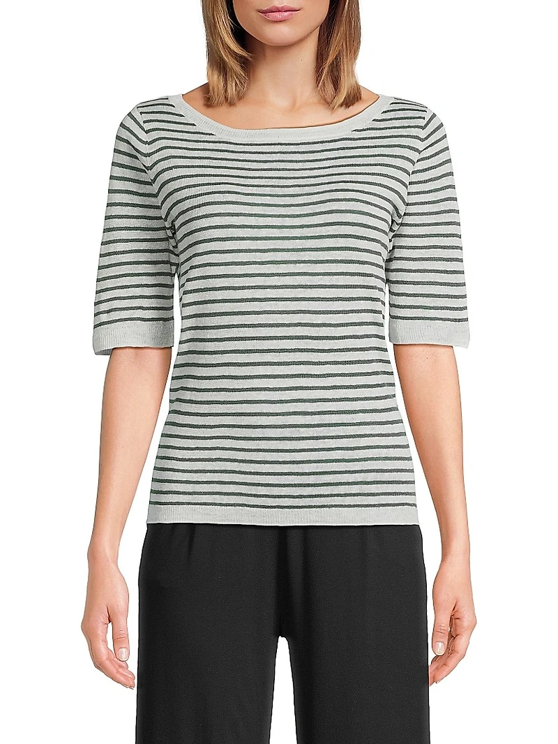 Striped Linen Knit Crewneck Sweater