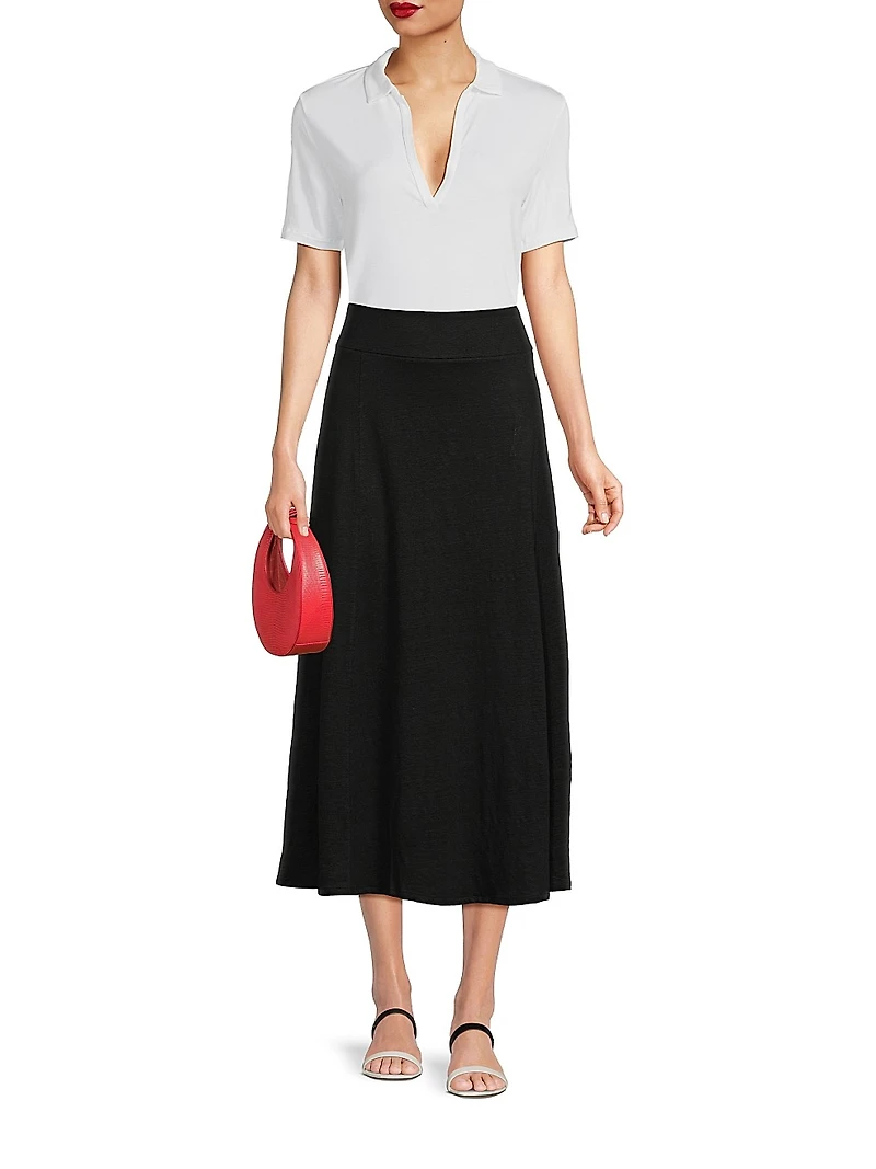 Stretch-Linen Flared Midi Skirt