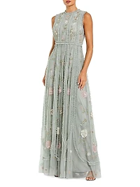 Evening Embellished Ruffled Mesh A-Line Gown
