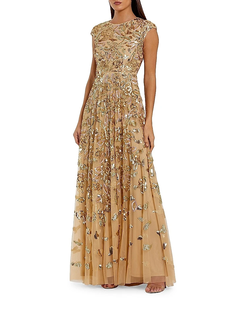 Evening Sequined Cap-Sleeve A-Line Gown