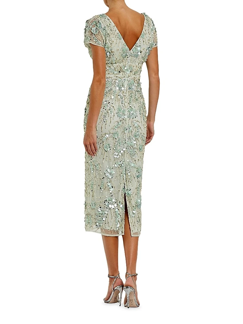 Cocktail Embellished Mesh Cap-Sleeve Midi-Dress