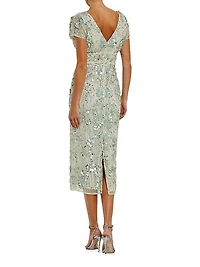 Cocktail Embellished Mesh Cap-Sleeve Midi-Dress