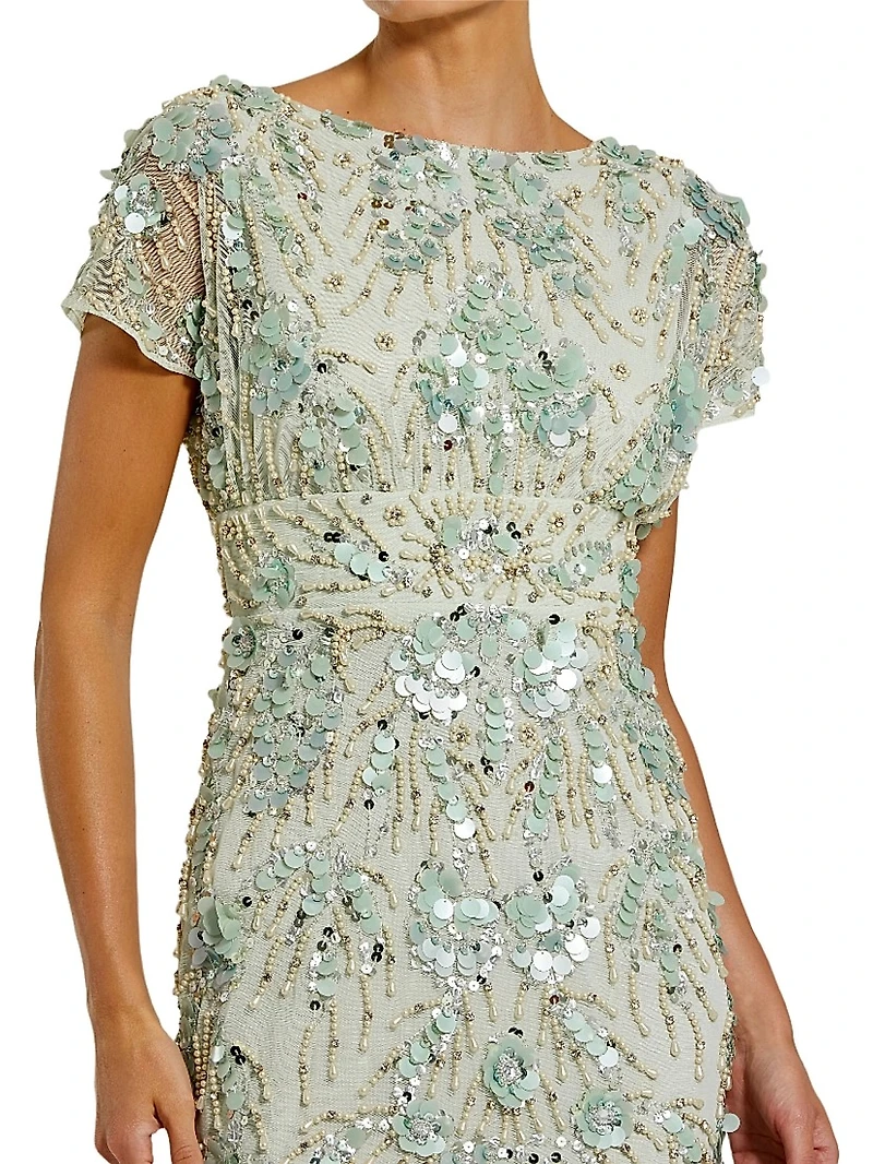 Cocktail Embellished Mesh Cap-Sleeve Midi-Dress
