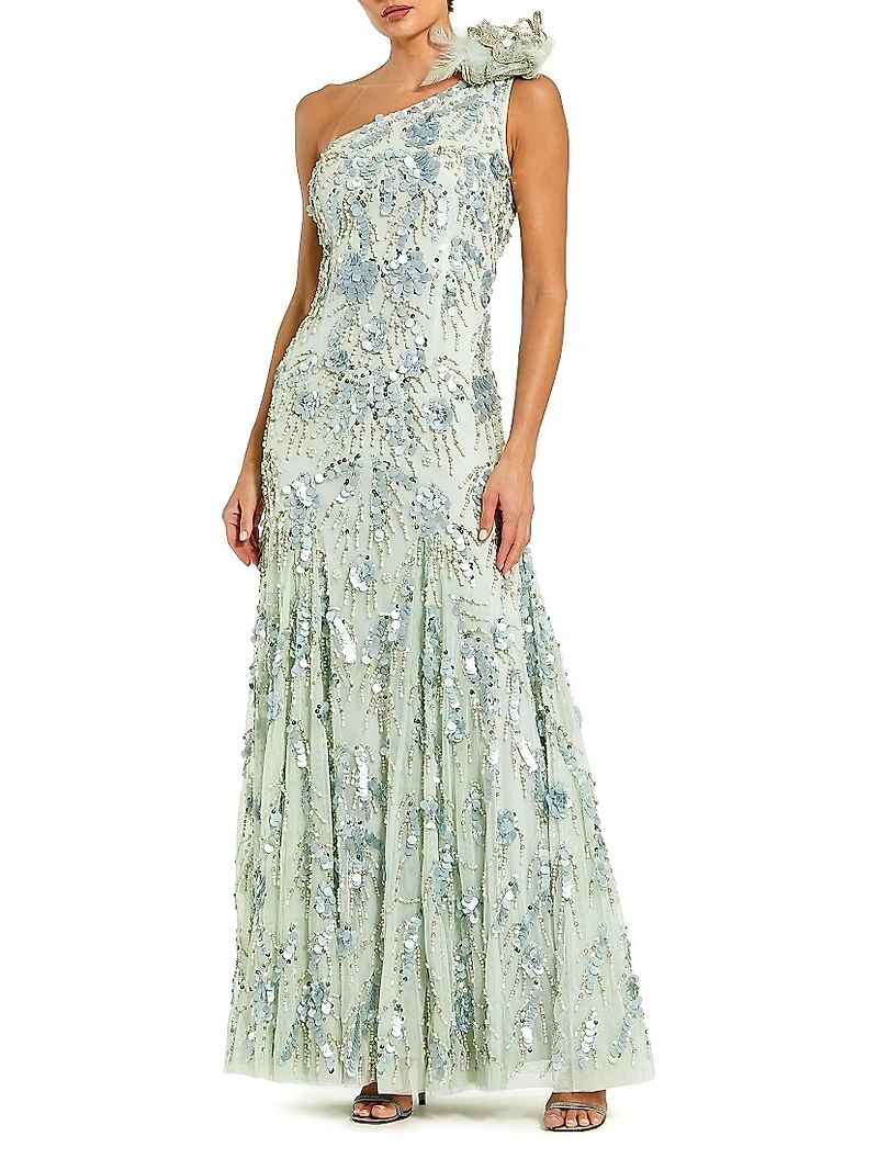 Evening Embellished Mesh One-Shoulder Trumpet Gown