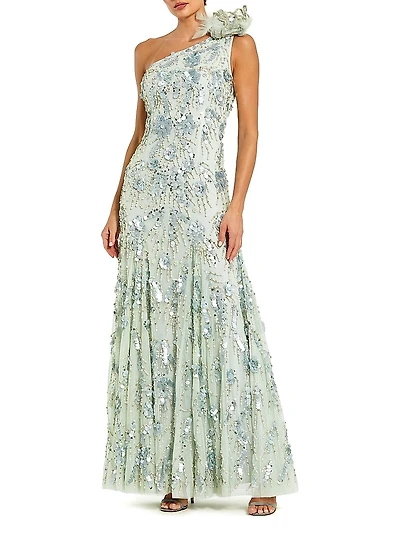 Evening Embellished Mesh One-Shoulder Trumpet Gown