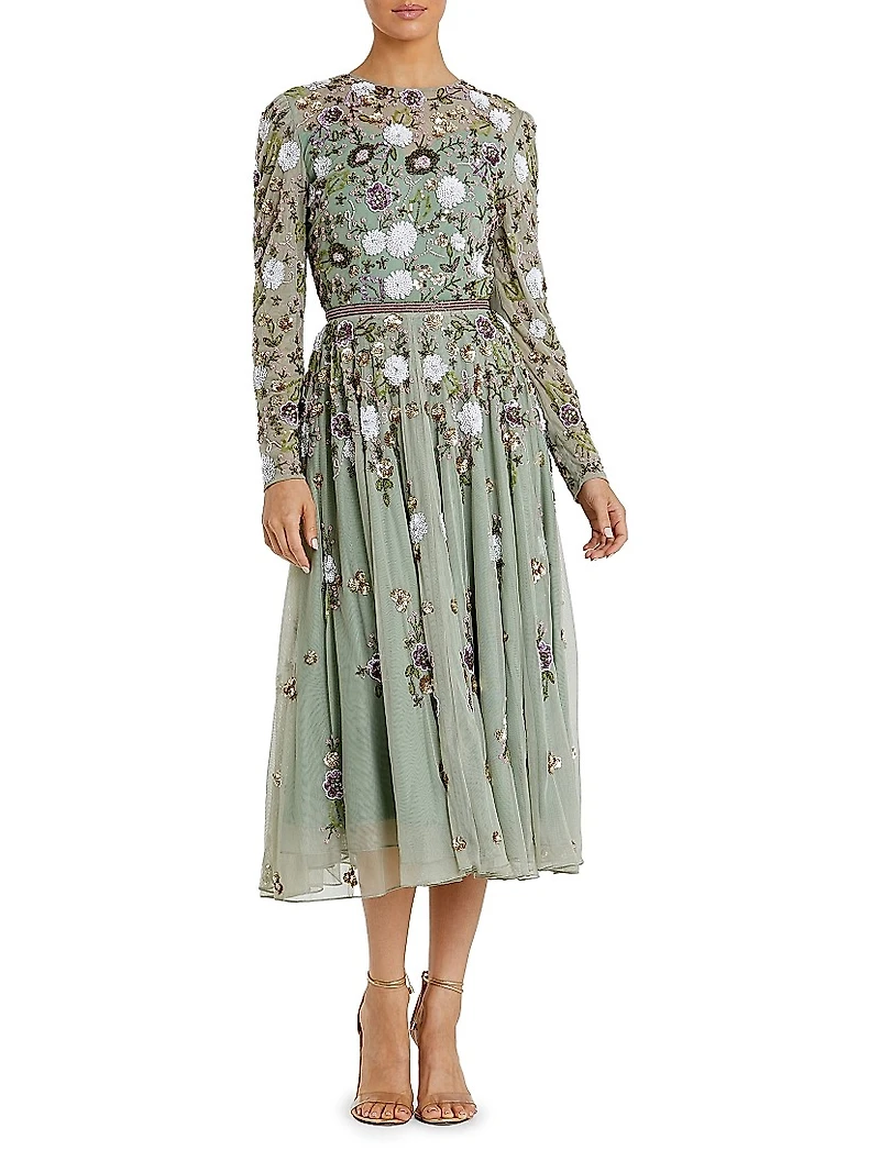 Cocktail Floral Sequin Chiffon Fit & Flare Midi-Dress