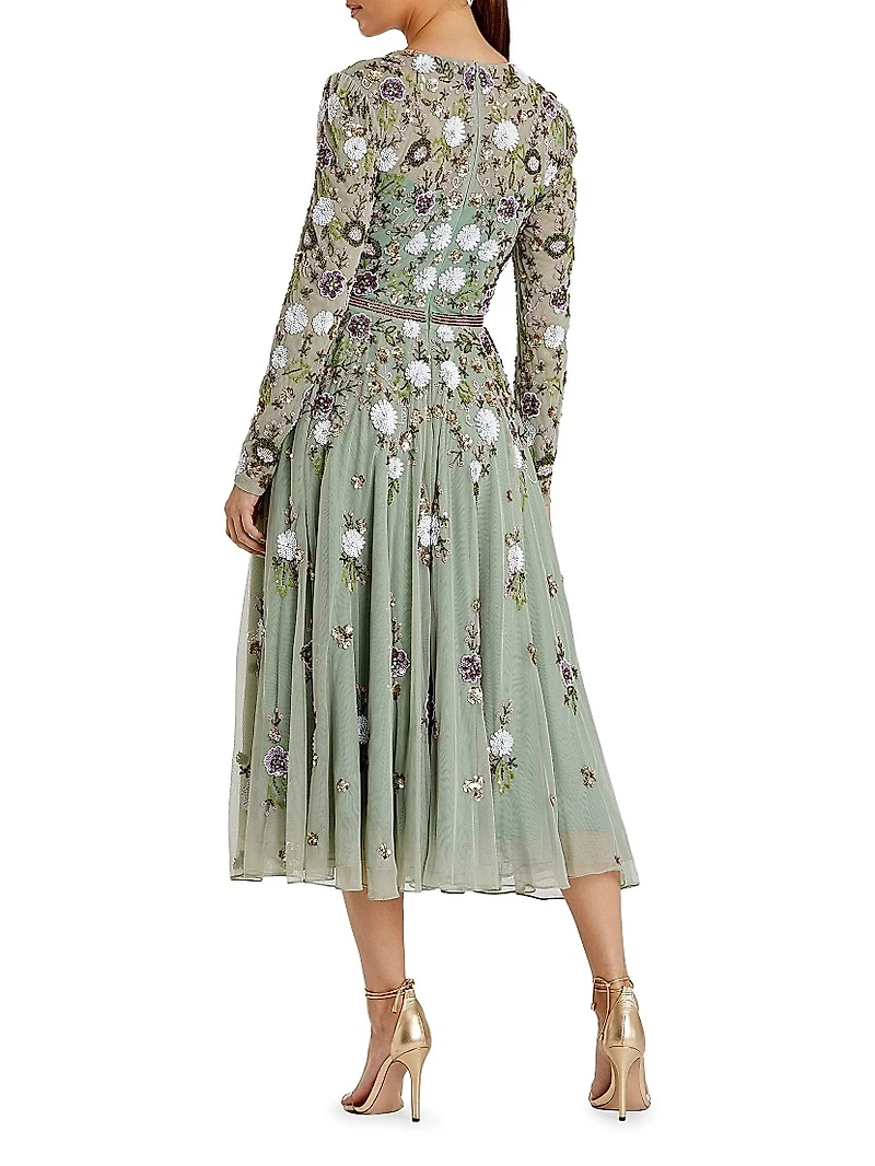 Cocktail Floral Sequin Chiffon Fit & Flare Midi-Dress