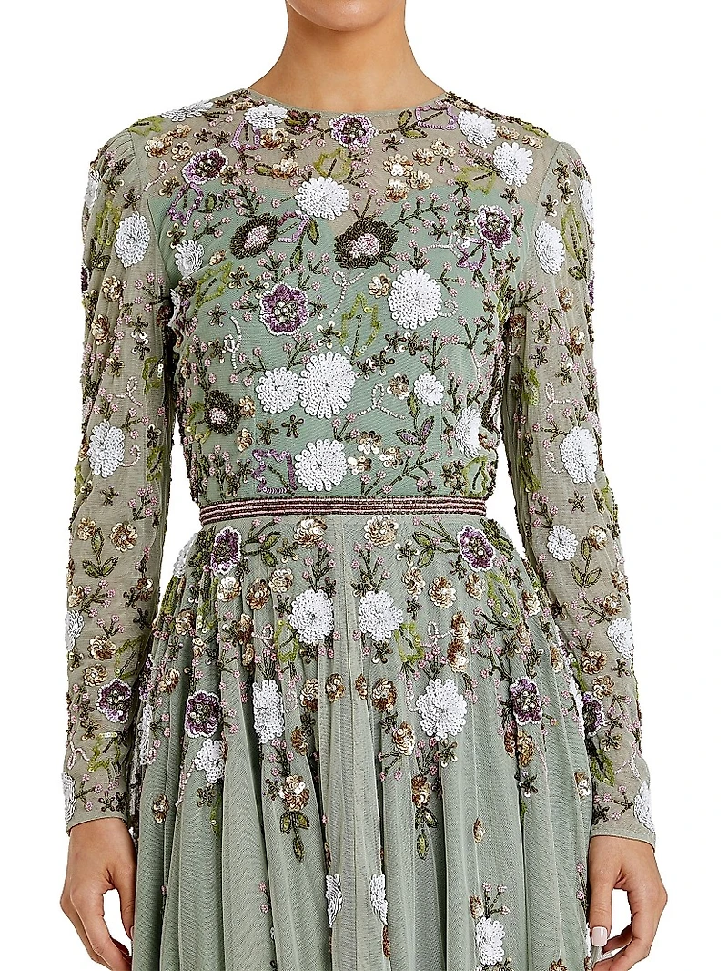 Cocktail Floral Sequin Chiffon Fit & Flare Midi-Dress