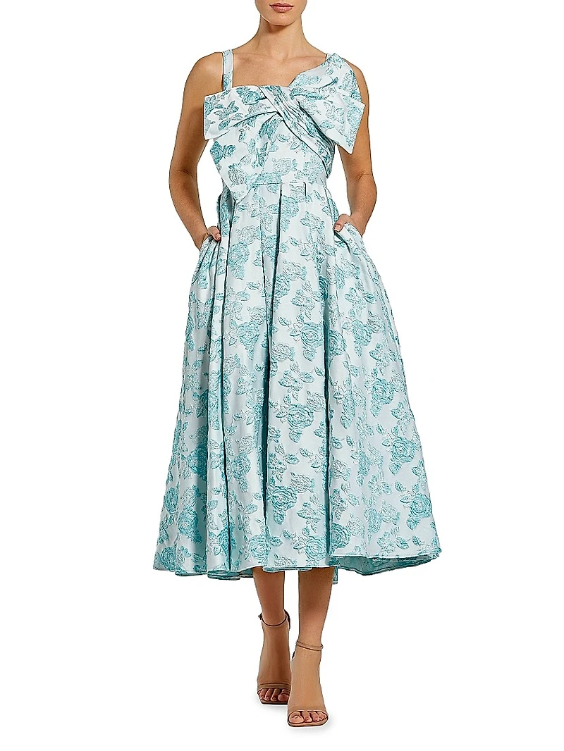 Cocktail Bow Floral Brocade Fit & Flare Midi-Dress