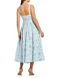 Cocktail Bow Floral Brocade Fit & Flare Midi-Dress